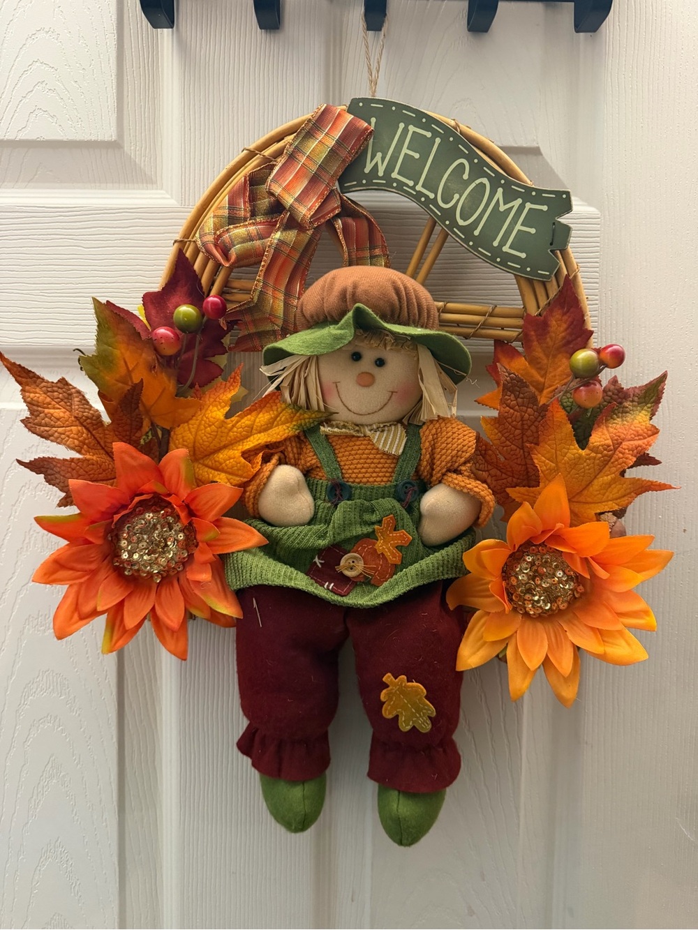 Autumn Welcome Scarecrow Wreath - Orange & Green Fall Door Decor
